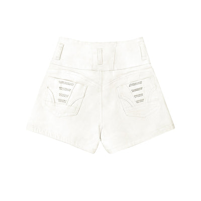 Trendsi white high waist denim shorts back view with high waist belt loops and embellished back pockets