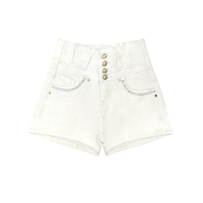 Trendsi white high waist denim shorts with four button front rhinestone trimmed pockets and high rise fit