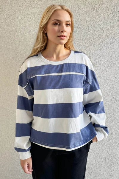 Women's Striped Long Sleeve T-Shirt - Relaxed Crew Neck Cotton Tee - Fashions Envy