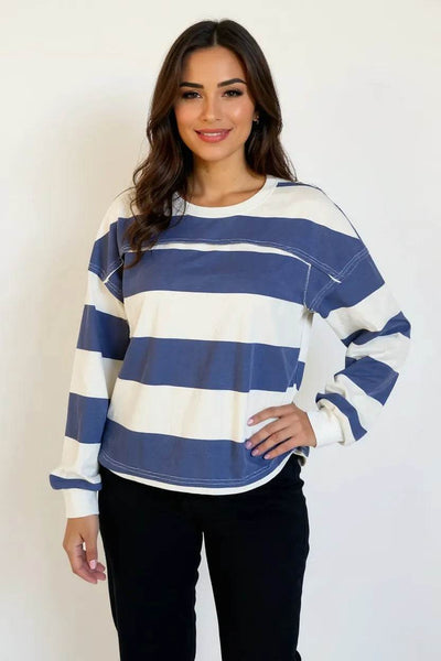 Women's Striped Long Sleeve T-Shirt - Relaxed Crew Neck Cotton Tee - Fashions Envy