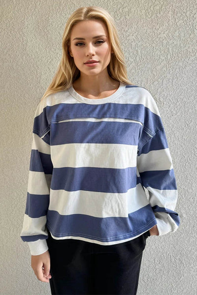 Women's Striped Long Sleeve T-Shirt - Relaxed Crew Neck Cotton Tee - Fashions Envy