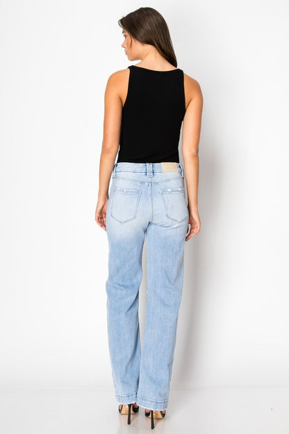 Artemis Vintage back view of model in light wash high rise straight leg women's tummy control jeans with black tank
