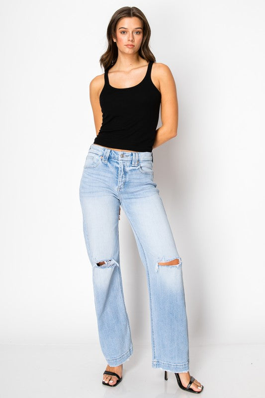 Artemis Vintage light wash straight leg women's tummy control jeans with knee rips high rise flattering fit