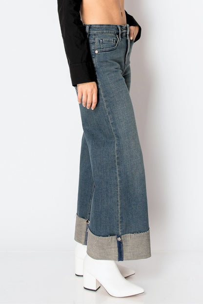 Artemis Vintage women's tummy control wide leg jeans side view cuffed hem high waist in denim