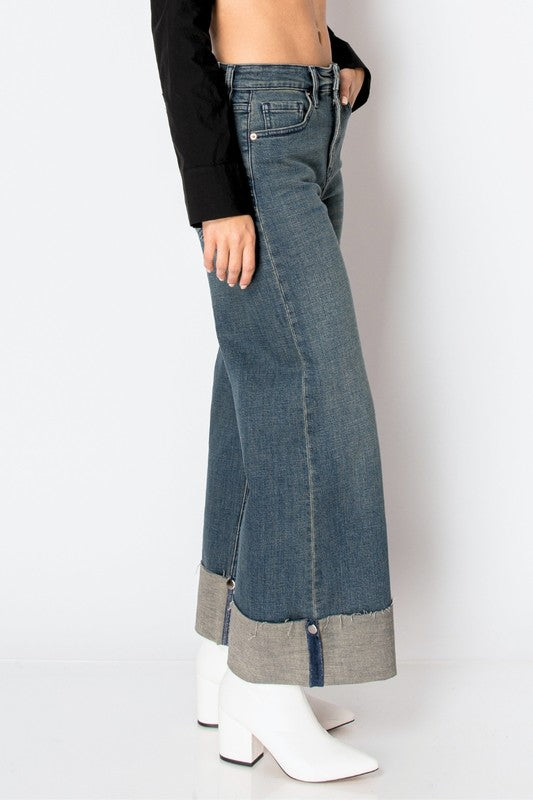 Artemis Vintage women's tummy control wide leg jeans side view cuffed hem high waist in denim