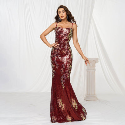 Stunning Sequined Fishtail Wedding Dress in Burgundy with Elegant Floral Patterns for a Glamorous Look