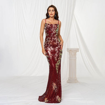 Stunning Sequined Fishtail Wedding Dress in Burgundy with Spaghetti Straps and Floral Design