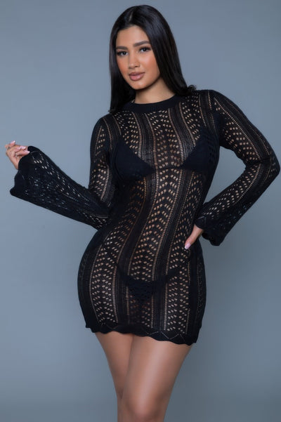 CCWHOLESALECLOTHING black crochet mini dress long sleeve sheer fitted silhouette with scalloped hem