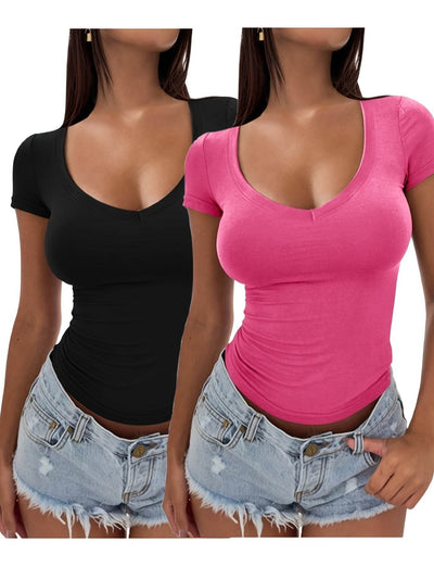 Y2K V-Neck T-Shirt Set - 2 Piece Slim Fit Tops - Fashions Envy