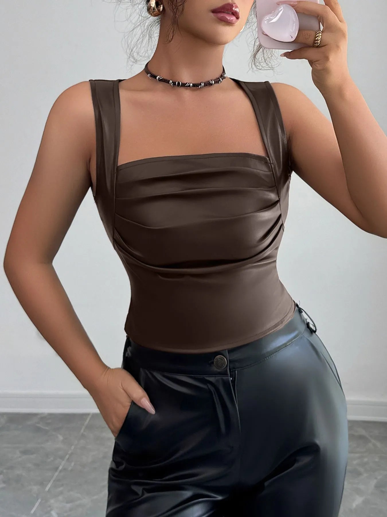 Trendsi women's faux leather tank top in brown with ruched square neckline and fitted waist