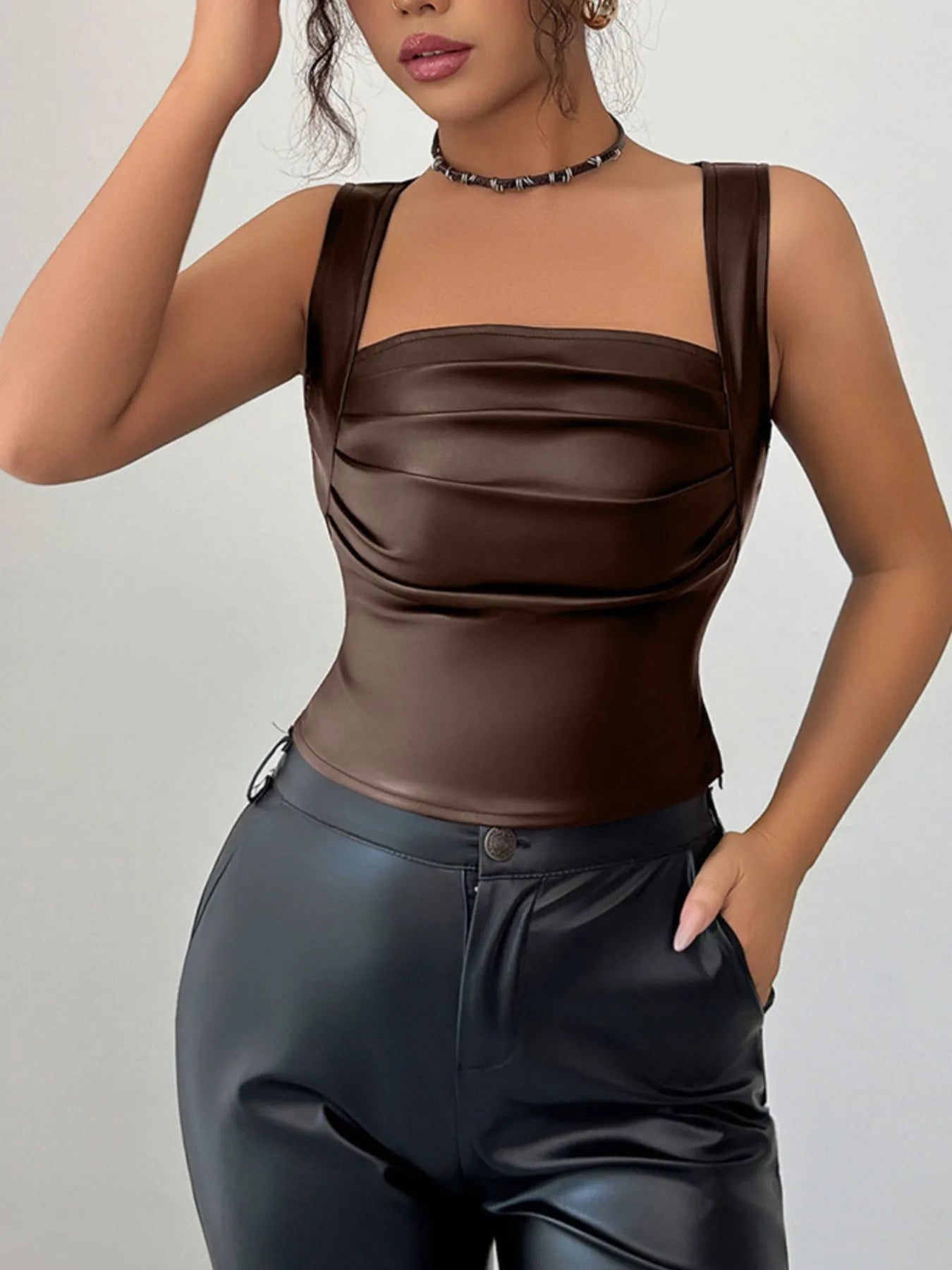 Trendsi brown women's faux leather tank top with square neckline and ruched front styling