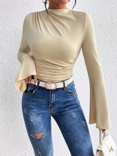 Trendsi Fitted T-Shirt beige mock neck long sleeve with ruched waist and flared bell sleeves