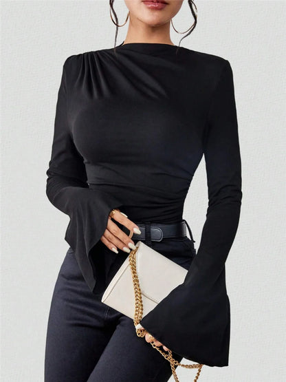 Trendsi black Fitted T-Shirt with long bell sleeves and ruched shoulder styled with belt and white chain clutch