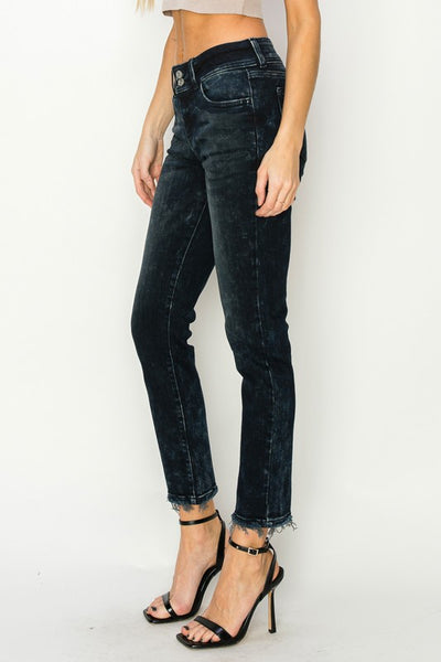 Artemis Vintage women's mid rise cigarette jeans in black washed denim with raw hem and ankle length styled with black heels