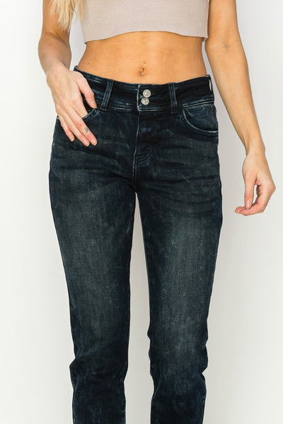 Artemis Vintage women's mid rise cigarette jeans black wash with double button waist and slim cigarette leg