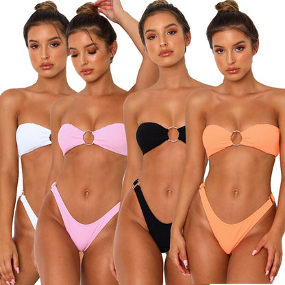 Women wearing Trendsi Stylish Bandeau V-Cut Bikini in white, pink, black, and orange colors