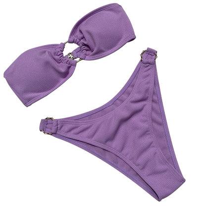 Trendsi Stylish Bandeau V-Cut Bikini in purple with textured fabric and gold ring details