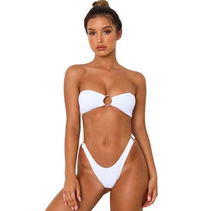 Trendsi Stylish Bandeau V-Cut Bikini in white with ring detail and high-cut bottoms