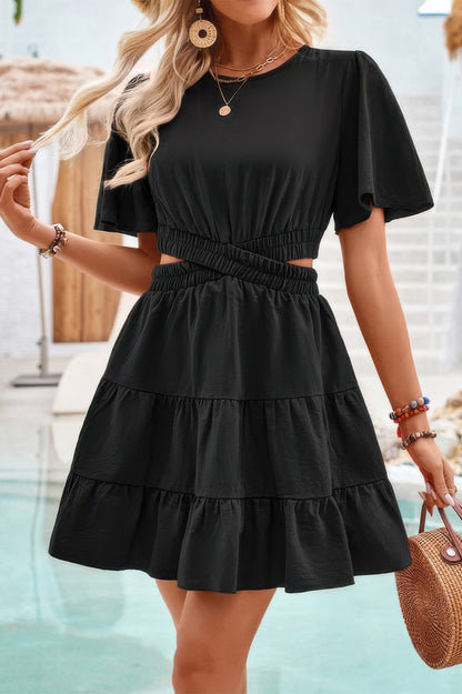 CCWHOLESALECLOTHING black dress with cross cut out fit elastic waist and flutter sleeves