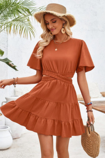 CCWHOLESALECLOTHING rust orange dress with Cross Cut Out Fit Elastic Waist and flutter sleeves