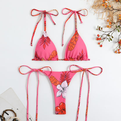 Trendsi stylish floral self tie bikini in pink with orange and white tropical leaf and flower prints