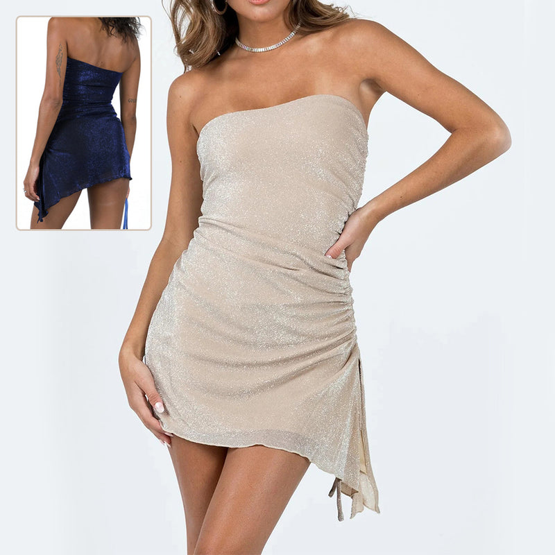 Stylish Halter Mini Dress in beige with a flattering fit and draped design for summer outings