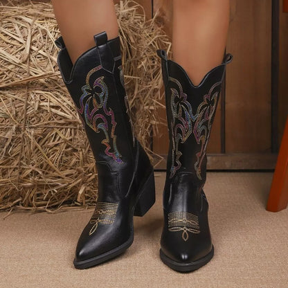 Stylish Women's Cowboy Boots in Black with Colorful Embroidery and Stylish Design