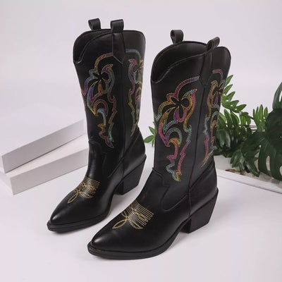 Stylish Women's Cowboy Boots with Colorful Embroidery and Chunky Heel for Trendy Outfits