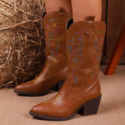 Trendsi Stylish Women's Cowboy Boots in Brown with Colorful Embroidery and Chunky Heels