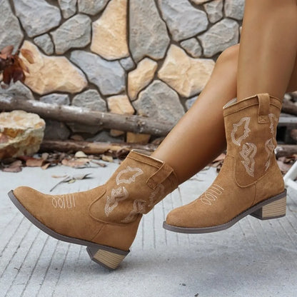Trendsi Suede Cowboy Boots in tan with decorative stitching worn outdoors on concrete