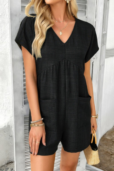 Loose Pockets Romper black textured V neck short sleeve casual summer romper with front pockets and straw bag
