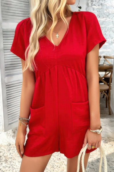 Red short sleeve Loose Pockets Romper with V neck relaxed fit and front pockets