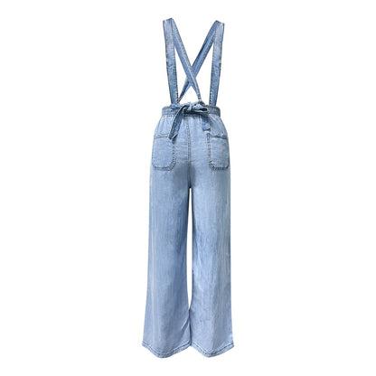 Trendsi light wash denim Elastic Waist Suspender Pants with crossed back straps tie waist and wide leg
