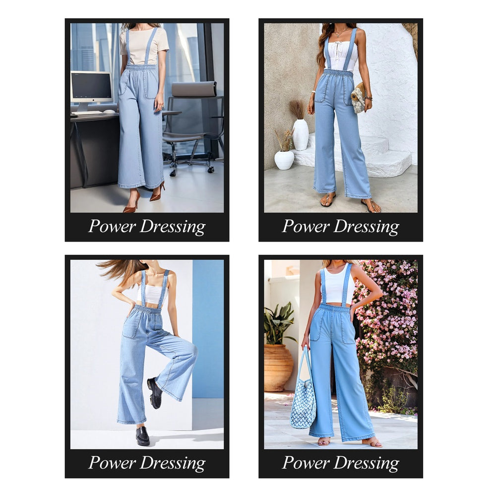 Trendsi Elastic Waist Suspender Pants light blue wide leg with adjustable straps styled for work and casual