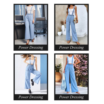 Trendsi Elastic Waist Suspender Pants light blue wide leg with adjustable straps styled for work and casual