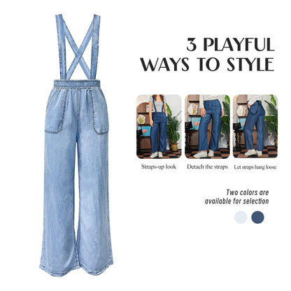 Trendsi light wash denim Elastic Waist Suspender Pants with cross back straps elastic waist wide legs and front pockets