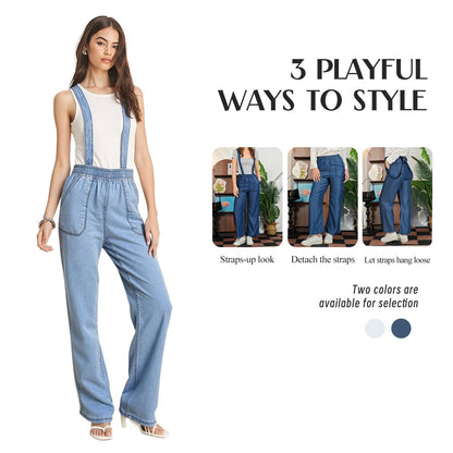 Trendsi Elastic Waist Suspender Pants light denim with adjustable straps shown styled three ways on model
