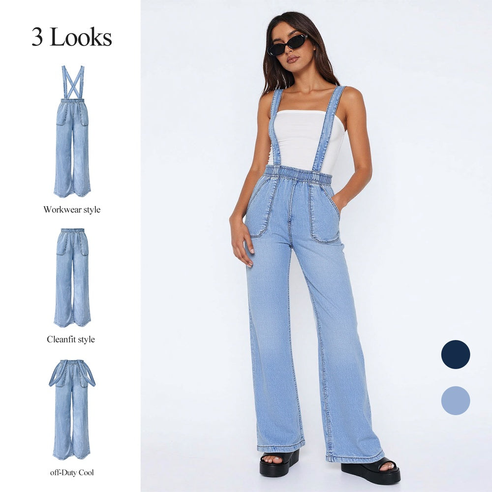 Trendsi light blue denim Elastic Waist Suspender Pants with wide leg and adjustable straps styled with white tube top