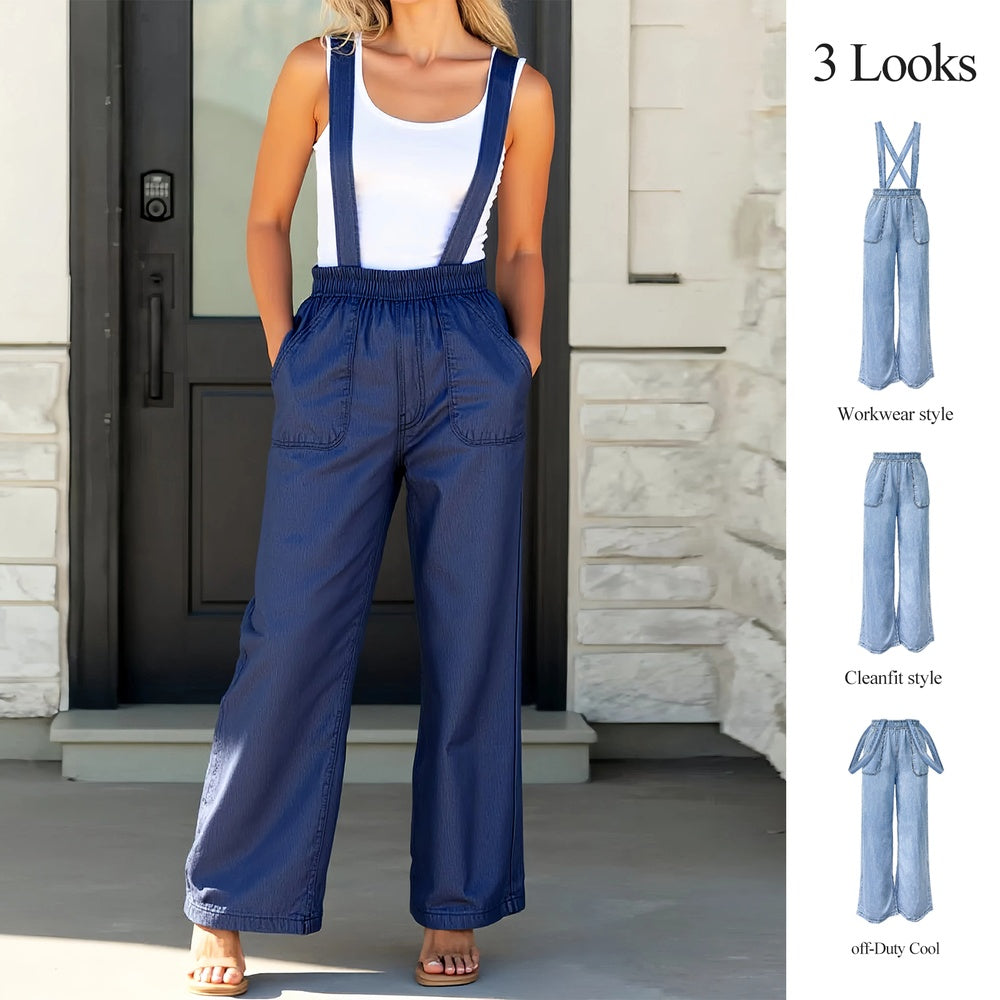 Trendsi Elastic Waist Suspender Pants navy wide leg with front pockets and adjustable straps on model
