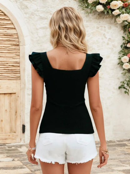 Trendsi black square neck ruffled cap sleeve top shown from back on model with white denim shorts