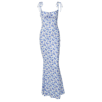 Trendsi floral print summer maxi dress with blue flowers and adjustable shoulder ties