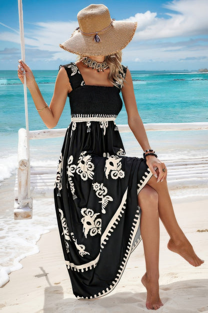 CCWHOLESALECLOTHING sleeveless square neck dress black maxi with white floral print smocked bodice beachwear