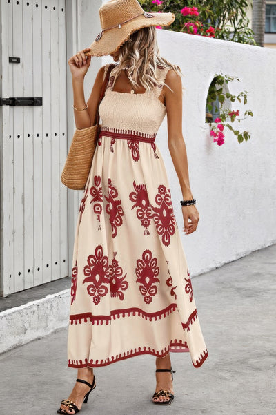 CCWHOLESALECLOTHING sleeveless square neck dress beige maxi with smocked bodice and red floral print