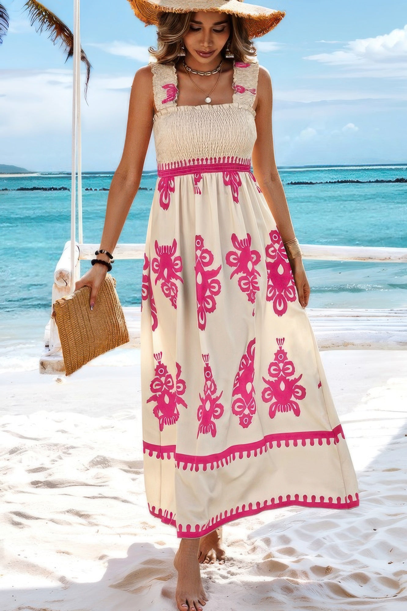 CCWHOLESALECLOTHING sleeveless square neck dress cream with pink floral print smocked bodice beach maxi