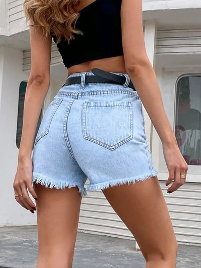 Trendsi distressed denim shorts for women high waisted light wash frayed hem back view with belt