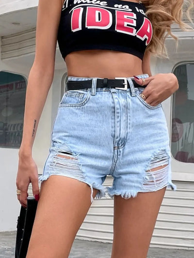 Trendsi light wash high waisted distressed denim shorts for women with frayed hem and black belt