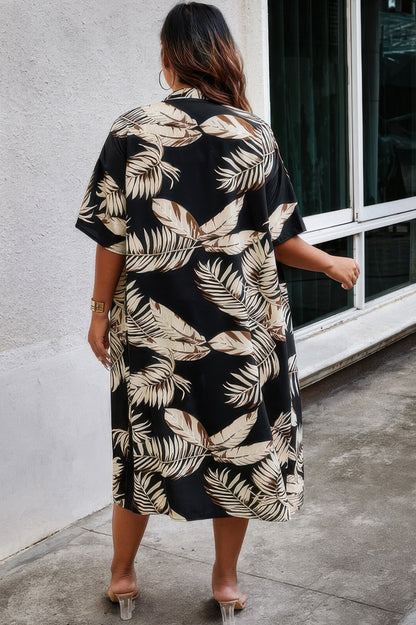 Back view of model in black and beige plus size leaf print shorts set with short sleeve shirt and sandals