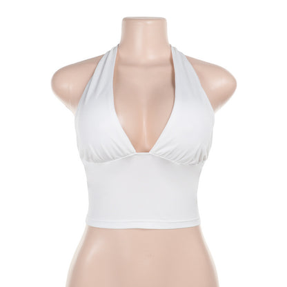 White halter deep V Stretch Crop Top by Trendsi with ruched bust and fitted waist for summer styling