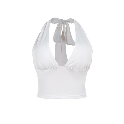 Trendsi white halter Stretch Crop Top with tie back and ruched bust for casual summer styling
