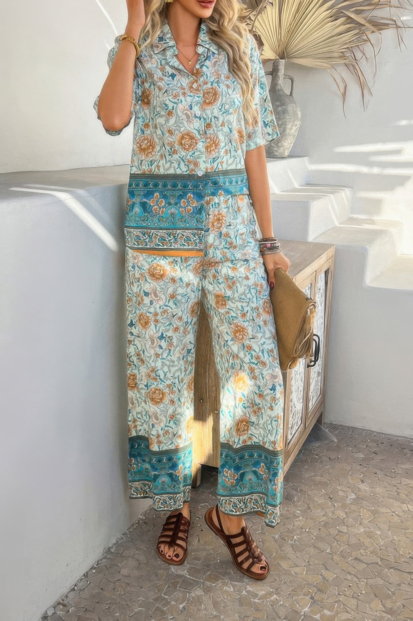 Boho Blouse Pant Sets floral turquoise and beige wide leg set with short sleeves clutch and sandals